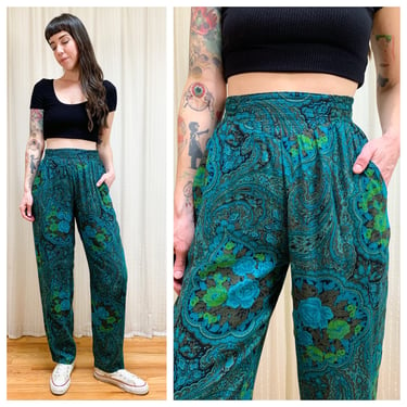 80s 90s teal paisley rose pants 