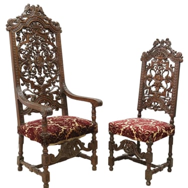 Antique Chairs, Highback, (2) Spanish, Highly Carved, Upholstered, 1800s!