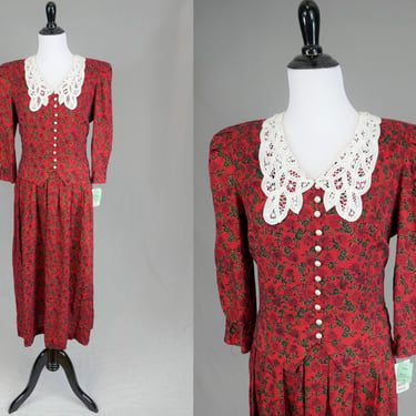 80s 90s NWT Floral Dress - Deadstock Miss Dorby - Red Black Gold - White Lace Collar - Unworn w/ Tags - Vintage 1980s 1990s - M 
