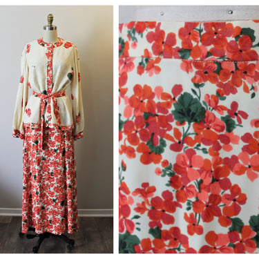 Vintage 1960s 70s by Mannequin red Begonia Floral Two Piece Skirt jacket top matching belt //  US 6 small 
