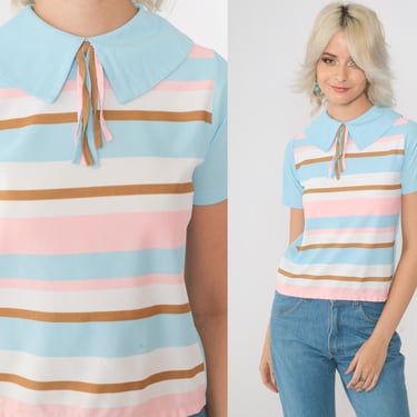 Vintage 60s Striped Blouse Pastel Blue Pink Brown Pilgrim Collar Button Back Short Sleeve Top 1960s Extra Small xs 