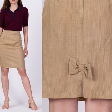 80s Tan Bow Pencil Skirt - Extra Small, 23.5" | Vintage High Waist Mini Secretary Skirt 