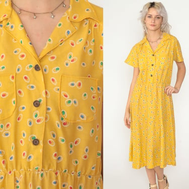 80s Day Dress Yellow Midi Dress Abstract Dot Print Button up Shirtwaist Short Sleeve Collared V Neck Retro Vintage 1980s Avon Extra Large xl 
