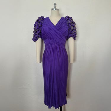 1980s Purple and Gold Peated Satin Dress by Richilene, Medium to Large | 80s Vintage Ruffled Statement Sleeve Dress  (M, L, 41-32-Free) 