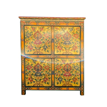Chinese Tibetan Treasure Color Flower Graphic Credenza Storage Cabinet cs7400E 