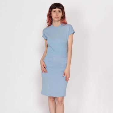 XS 1950s Baby Blue Button Black Sheath Dress | Vintage 50s Ribbed Knit Short Sleeve Pocket Knee Length Dress 