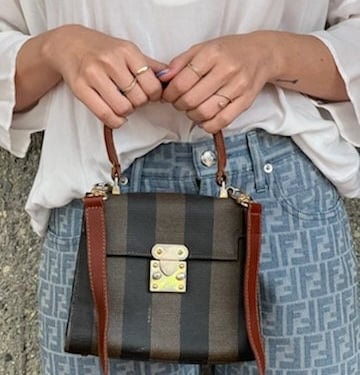 Vintage FENDI Monogram PEQUIN Stripe Coated Canvas / Leather Logo Crossbody Mini KELLY Bag Purse 