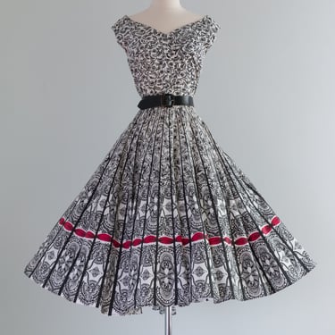 Fabulous 1950's Black and White Cotton Summer Party Dress / Waist 30