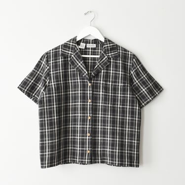 vintage linen cotton shirt, 90s check print button down top 