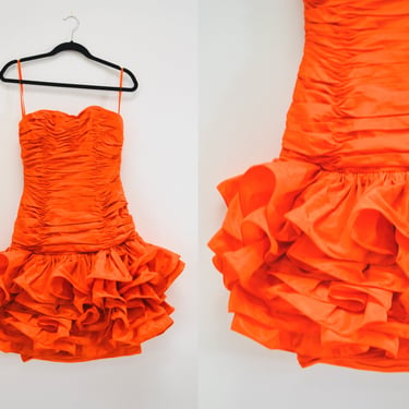 Vintage 80s Prom Dress Orange XXS XS Dress Strapless Ruffle Barbie Dress// 80s Party Silk Ruffle Dress Cocktail Vicky Tiel Neiman Marcus 
