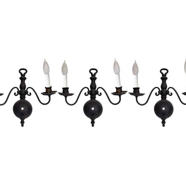 Set of Black 2 Arm Brass Colonial Wall Sconces