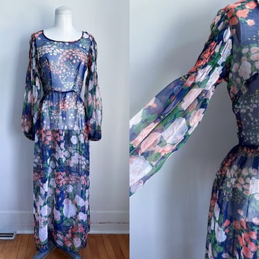 Vintage 1970s Sheer Floral Maxi Dress / XS 