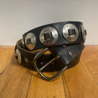 Vintage Worn In Black Leather Belt w Round Conchos size 32-36" | 1970s, 1980s, Western, Biker, Country, Cowboy, Southwestern, Unique 