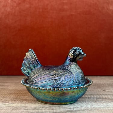 Vintage Indiana Glass Blue Carnival Hen on Nest Classic Glass Chicken Decorative Dish 