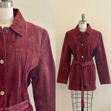 vintage suede maroon jacket belted snap front coat 