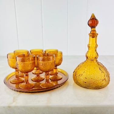 Vintage Amber Glass Serving Set of 10 Indiana Tiara Glass, 8 Wine Glasses, Decanter and tray, for party, mid century, home decor, gift 