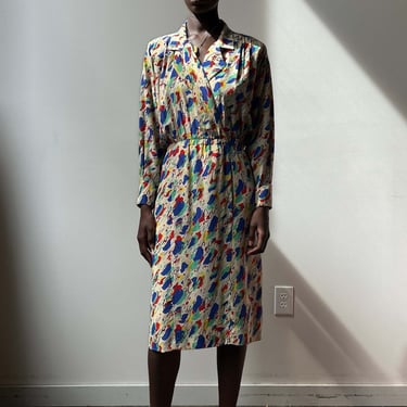 Chanel Boutique Long Sleeve Silk Multi-Color Coco Print Collar Dress 
