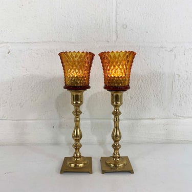 Vintage Glass Brass Candle Holders Pair Tea Light Candlesticks Wedding Candlestick Candleholders Amber Yellow Votives 