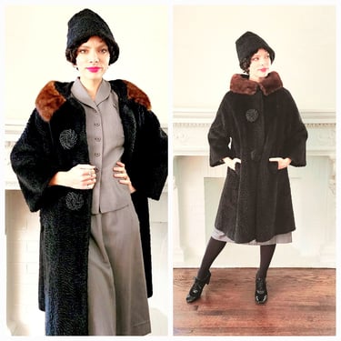 60s Black Coat in Faux Persian Curly Wool by Sai Shai  and  Brown Mink Collar Howard Lyon Inc 
