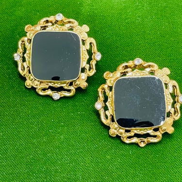 Black and Gold Square Clip on Earrings with Rhinestones