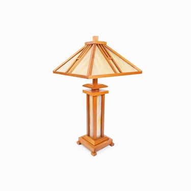 Tiffany Style Mission Wooden Table Lamp Glass Shade 