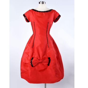 Vintage Red Party Dress 1950's, 1960's Red Taffeta Black Sequins Fit & Flare Cancan style Evening Costume Gown 