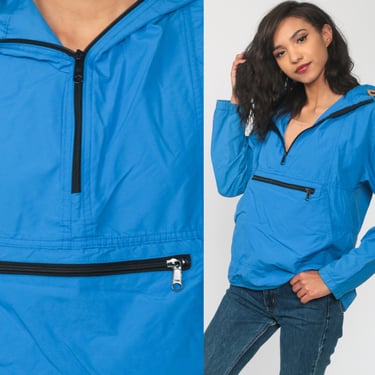 LL Bean Jacket Blue Hooded Windbreaker Jacket 80s Jacket Half Zip Pullover Hoodie 90s Warm Up Jacket Hood Vintage Women's Medium 