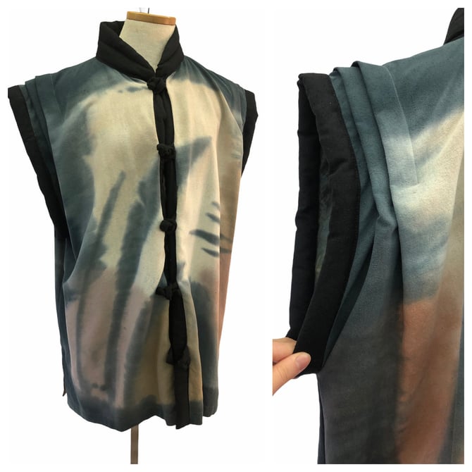Vintage VTG 1980s 80s Gray Blue Tie Dye Sleeveless Kimono Duster 