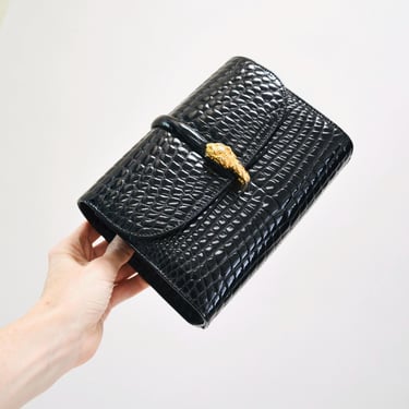 Vintage Black clutch Evening Bag Croc Embossed Gold Tiger Clutch Bag // Vintage Black Leather Clutch Croc Patent Bag Firenze Frizzoni 