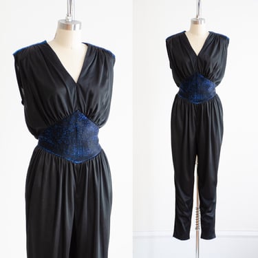 black jumpsuit 80s vintage metallic blue sleeveless jumpsuit 