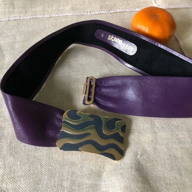 80s St John leather belt adjustable wide plum leather belt heavy gold tone buckle / vintage modern brass buckle purple genuine leather belt 