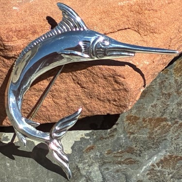 Rafael Melendez ~ Vintage Taxco Silver Large Curled Swordfish / Marlin Fish Pin / Brooch - Early 1940's 