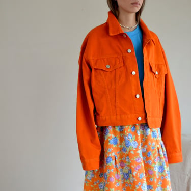 orange denim cropped jean jacket 