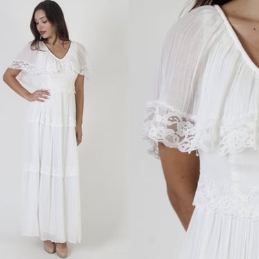 White Floral Lace Wedding Dress, Vintage 70s Crinkle Cotton Sheer Bridal Gown, Simple Bridesmaids Capelet Boho Prairie Style 
