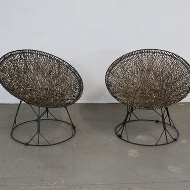 Pair of Vintage Modern Atomic Wicker Circle Hoop Chairs 