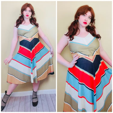1970s Vintage Red and Blue Chevron Stripe Dress / 70s / Seventies / Poly Cotton Striped Sundress / Size Small - Medium 