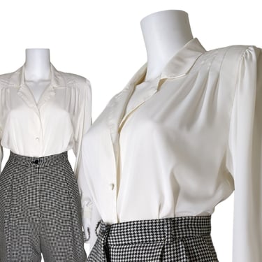 Vintage Silky White Button Blouse, Large / Pleated 1940s Style Dressy Cocktail Blouse 