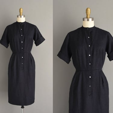 1950s vintage dress | Pacemaker Midnight Blue Cozy Wool Pencil Skirt Dress | XS | 50s dress 