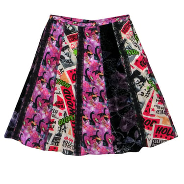 Custo Barcelona - Multi Print Silk Midi Skirt w/ Lace Trim Sz XS