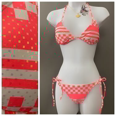 OP 80s/90s bikini, print neon bright two piece triangle top bathing suit, vintage womens swimsuit 