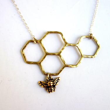 Handmade Original Golden Honeycomb Necklace by Rachel Pfeffer Hexagon Bee honeycomb Pendant 