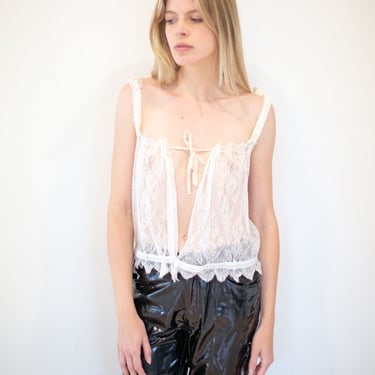 Vintage Edwardian Era Lace Tie Front Camisole with Hook and Eye Waist Victorian Peignor Tank Boudoir Sexy Lingerie 