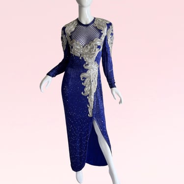 Sparkling Splendor: A Timeless 1980s Vintage Naeem Khan Couture Sequin Beaded Evening Gown Medium 