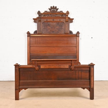 Antique Monumental Eastlake Victorian Carved Burled Walnut Full Size Bed, Circa 1880s