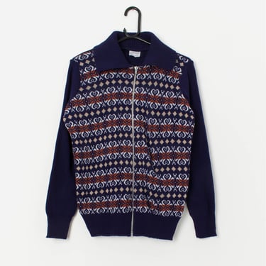 70s vintage zip up sweater in blue with collar, made in England - Medium 