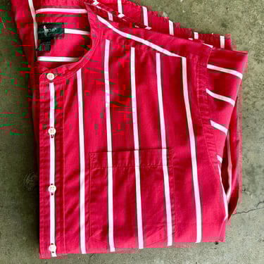 Vintage 80’s 1990’s Trendy Candy Apple Red striped Cotton Shirt~White stripes~ Women’s Boxy Oversized button down Nehru collar/ XL 