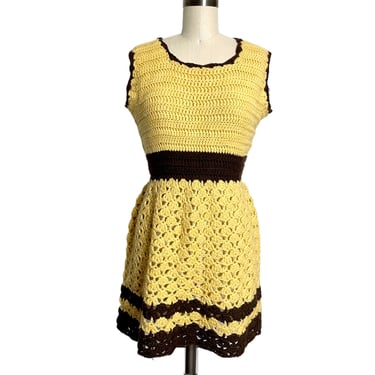 Gold and brown crocheted sleeveless mini dress - size medium 