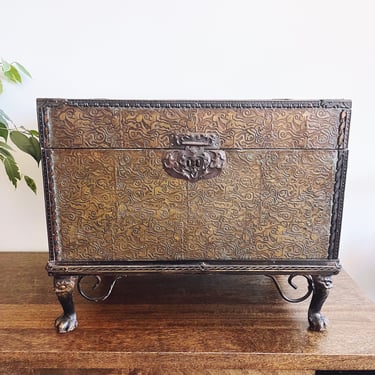 Vintage Embossed Metal Trunk Footed Chest 