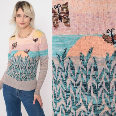 70s Arpeja Sweater Sunset Butterfly Print Space Dye Sweater Bohemian Sweater Boho Knit 1970s Pullover Hippie Seventies Pastel Extra Small xs 