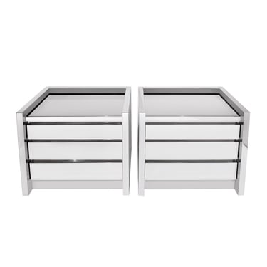 Karl Springer Rare Pair of Bedside Tables in Polished Stainless Steel 1980s - ON HOLD